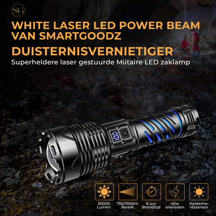Smartgoodz Military Flashlight LED White laser - 3500 Lumen, USB-C Rechargeable with 800 Meter Range