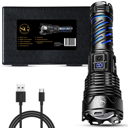 Smartgoodz Military Flashlight LED White laser - 3500 Lumen, USB-C Rechargeable with 800 Meter Range