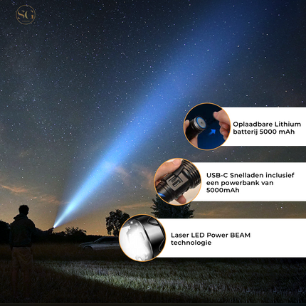 Smartgoodz Military Flashlight LED White laser - 3500 Lumen, USB-C Rechargeable with 800 Meter Range