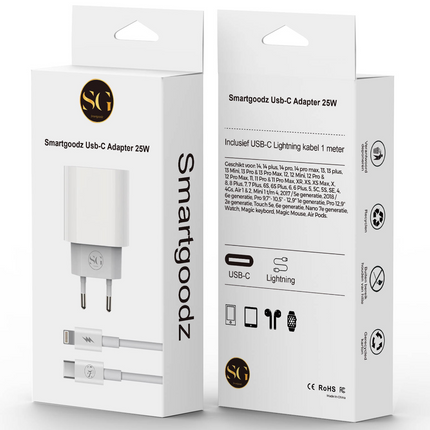 Smartgoodz USBC Adapter 25Watt - Fast Charger Universal Incl. USBC/Lightning cable 1m suitable for Apple devices